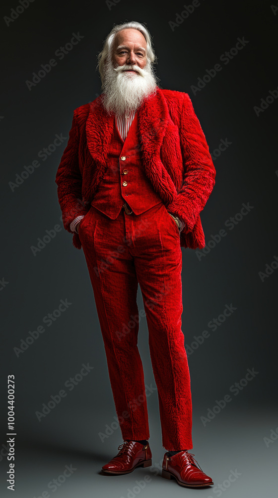 A stylish man dressed in modern red suit with fluffy texture, exuding confidence and charm. His long white beard and hair add classic touch to this chic look A stylish man dressed in modern red suit with fluffy texture, exuding confidence and charm. His long white beard and hair add classic touch to this chic look