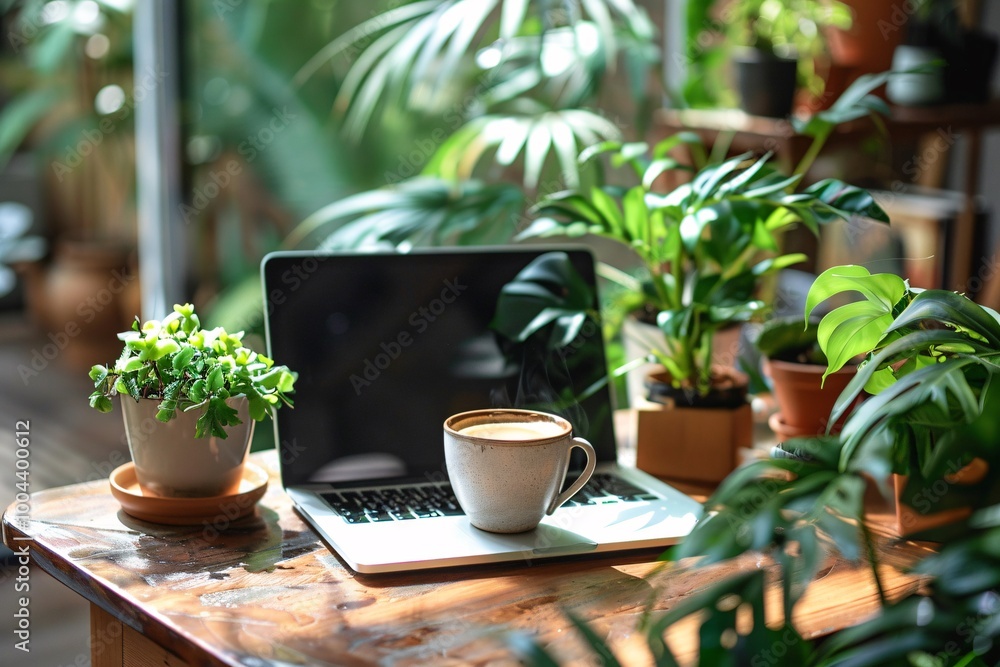 A serene workspace features a laptop and a coffee mug on a wooden table, complemented by lush indoor plants in bright, natural light, creating a calming atmosphere for productivity A serene workspace features a laptop and a coffee mug on a wooden table, complemented by lush indoor plants in bright, natural light, creating a calming atmosphere for productivity
