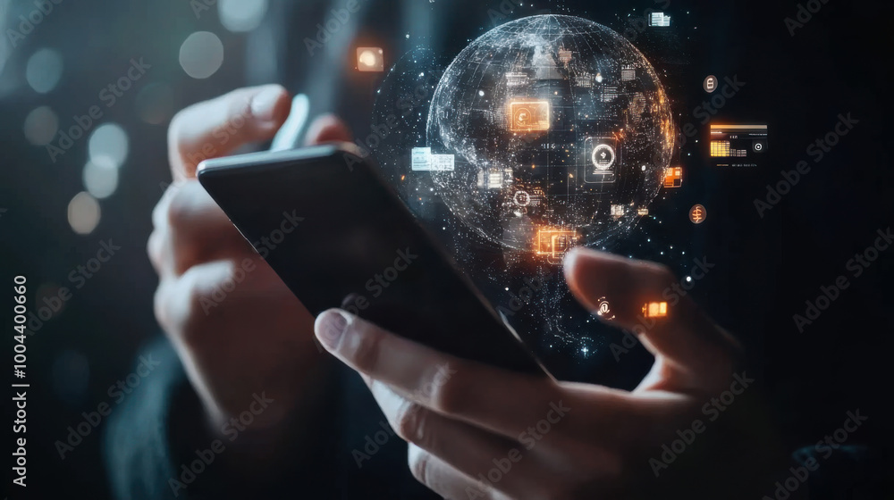 A person engaging with a smartphone while digital icons and a globe are projected in a dark environment, reflecting technology and connectivity A person engaging with a smartphone while digital icons and a globe are projected in a dark environment, reflecting technology and connectivity