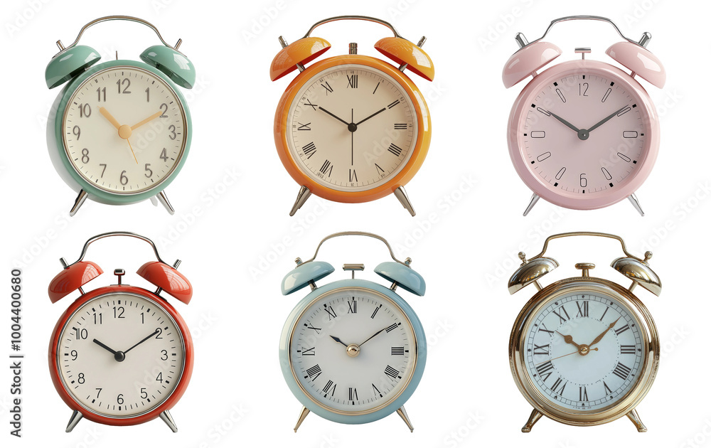 Retro alarm clocks in various colors and styles isolated on transparent background Retro alarm clocks in various colors and styles isolated on transparent background