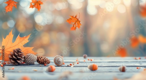 Autumn Leaves and Pinecones on Wooden Table