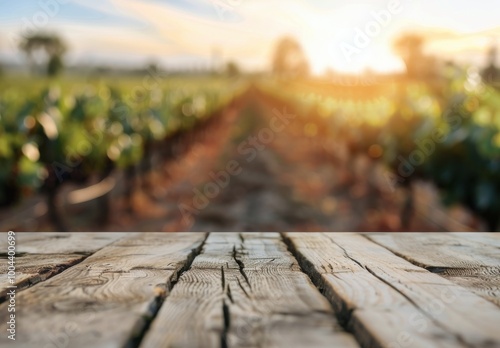 Sunset Over Vineyard Rows With Grapes and Wooden Table in Foreground
