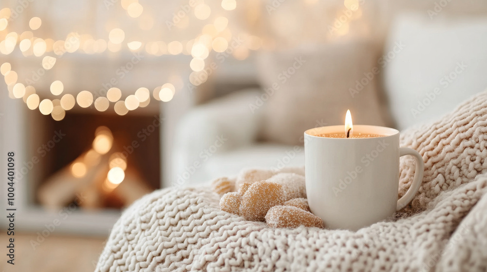 A cozy scene featuring lit candle in white mug, surrounded by soft cookies on knitted blanket. warm ambiance is enhanced by soft bokeh lights and fireplace in background, creating serene atmosphere pe A cozy scene featuring lit candle in white mug, surrounded by soft cookies on knitted blanket. warm ambiance is enhanced by soft bokeh lights and fireplace in background, creating serene atmosphere pe