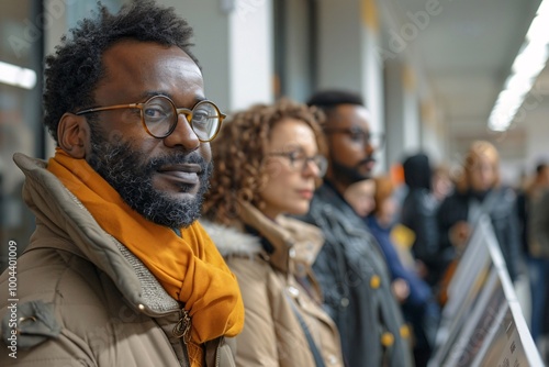 A gathering of individuals stands together at an exhibition, showcasing various artworks in a lively indoor space filled with attendees, creating an atmosphere of culture and community