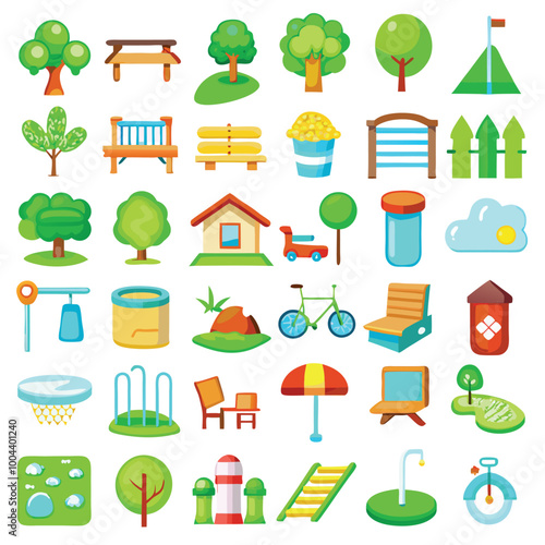Cartoon Park Icons with Playgrounds Recycling Bins Lawn Chairs and More in Green and Blue Colors
