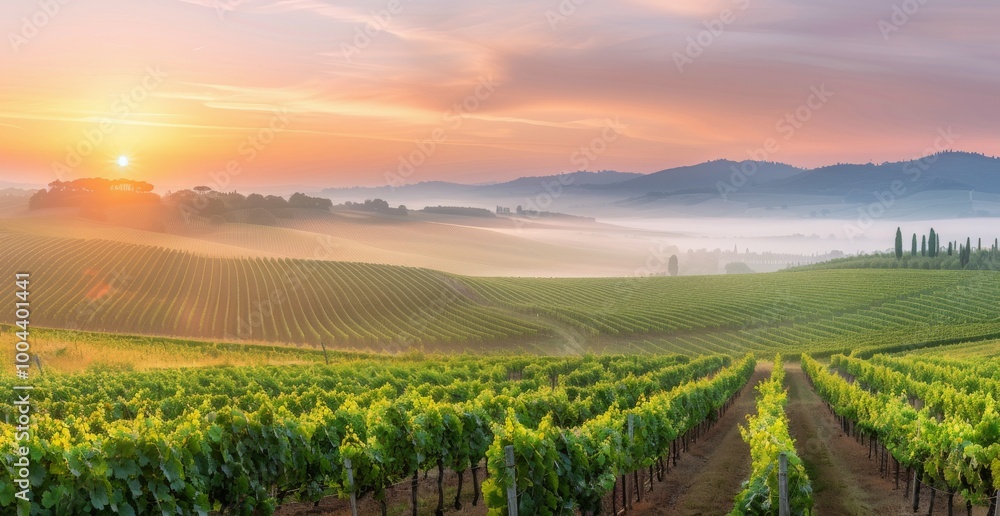 Naklejka premium Sunrise Over Lush Vineyard Fields in Tuscany With Green Rows and Misty Mountains