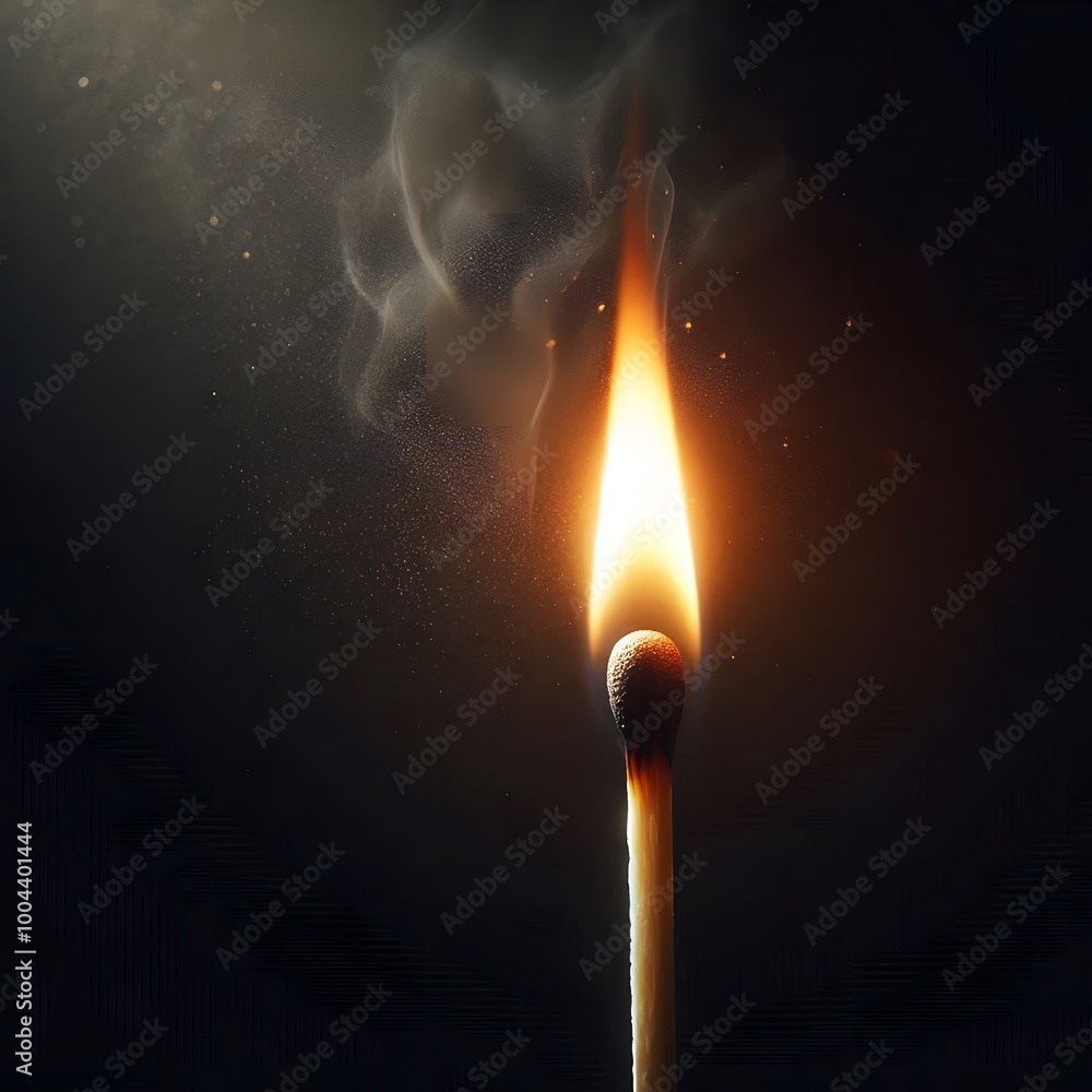 Burning Matchstick with Smoke and Sparkles on Black Background Burning Matchstick with Smoke and Sparkles on Black Background