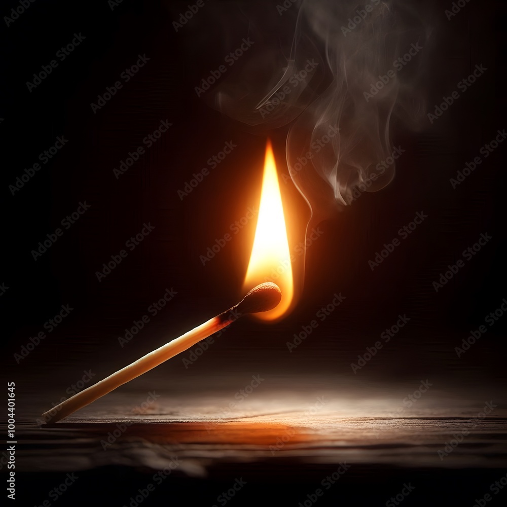 Burning Matchstick with Smoke on Wooden Tabletop Burning Matchstick with Smoke on Wooden Tabletop
