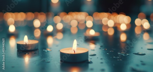 Candles Illuminating Ground in Outdoor Vigil at Dusk