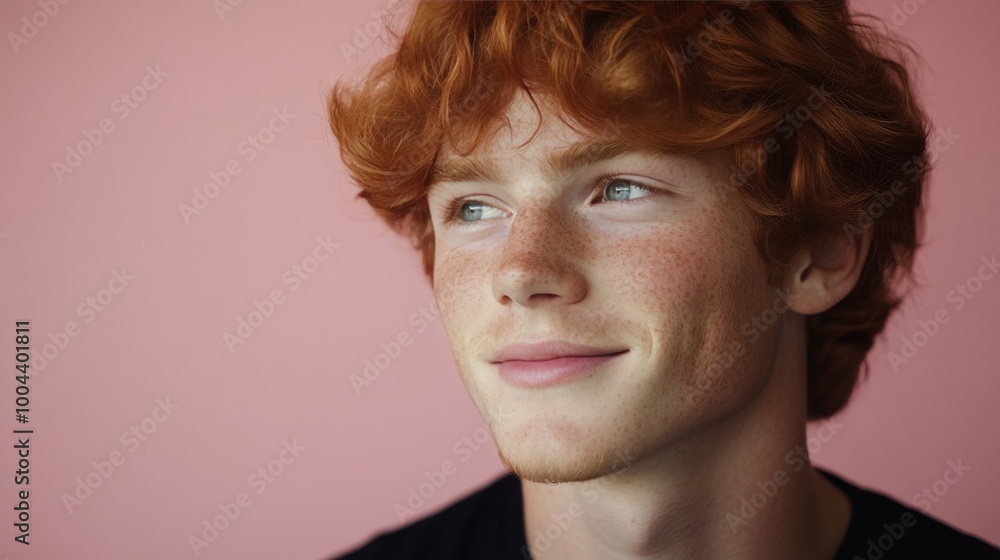 Young man with curly hair smiling against a pink background in a relaxed indoor setting Young man with curly hair smiling against a pink background in a relaxed indoor setting
