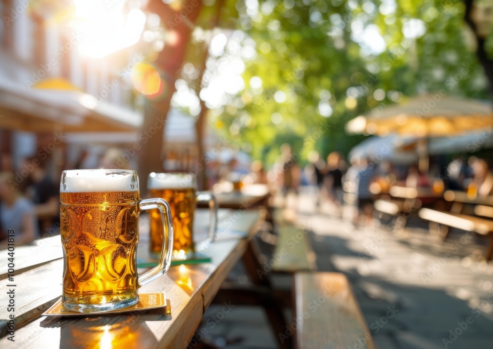 Refreshing Beers on a Sunlit Patio in a Busy Outdoor Cafe Refreshing Beers on a Sunlit Patio in a Busy Outdoor Cafe