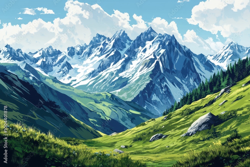 A Green Meadow Surrounded by Majestic Snow-Capped Mountains A Green Meadow Surrounded by Majestic Snow-Capped Mountains