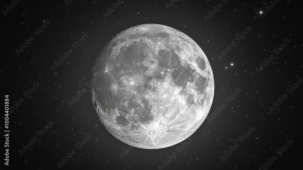 Fototapeta premium A bright, full moon with tiny stars around it.