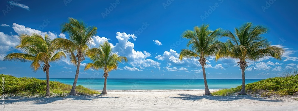 Fototapeta premium Coconut trees and blue sky looking beach.