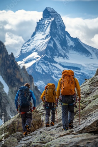 Climbers ascend snowy slopes with Matterhorn peak rising in the background du...