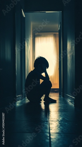 Silhouette of a crouched figure in a dark hallway, illuminated by soft light from a distant window, conveying a sense of isolation and introspection.