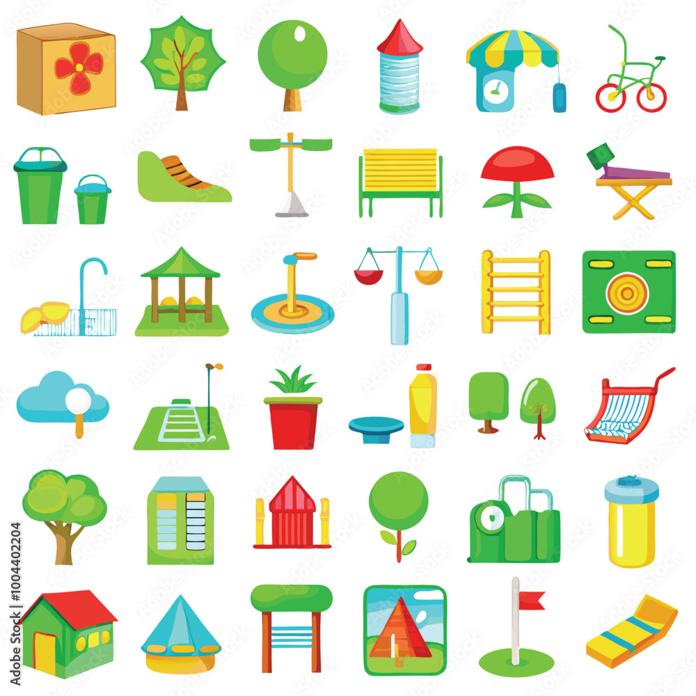 Cartoon Park Icons with Playgrounds Recycling Bins Lawn Chairs and More in Green and Blue Colors Cartoon Park Icons with Playgrounds Recycling Bins Lawn Chairs and More in Green and Blue Colors