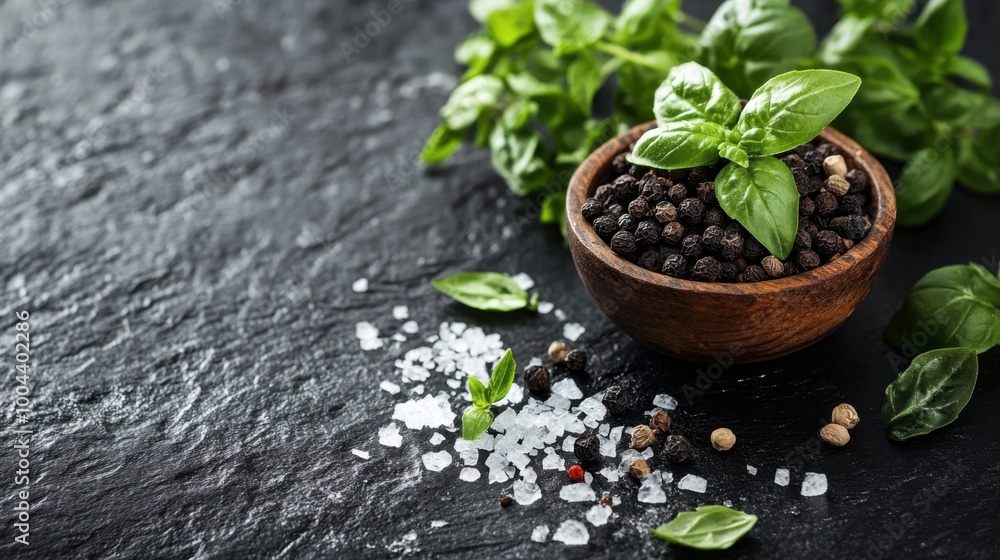 Fresh basil and black pepper on a dark countertop Fresh basil and black pepper on a dark countertop