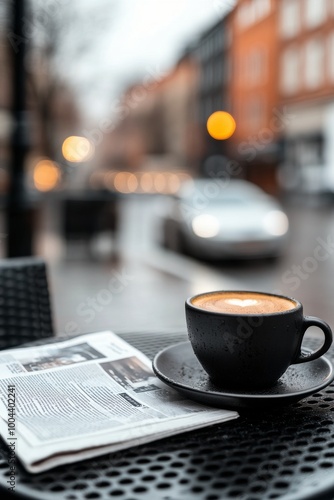 Coffee on a table beside a newspaper in a rainy street setting during early m...