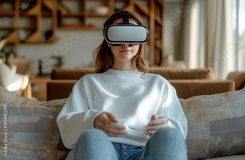 Woman engaging with virtual reality headset in a cozy living room during daytime