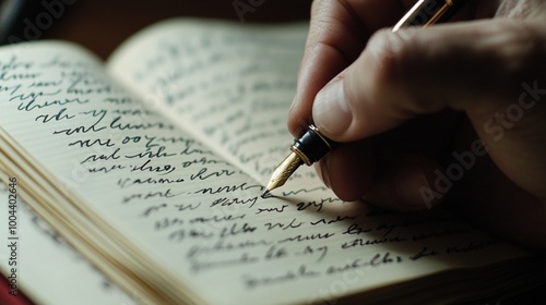 Elegant fountain pen glides across vintage journal pages, capturing thoughts in flowing cursive script. A moment of literary inspiration frozen in time.