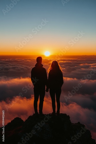 Couple stands together at sunset above the clouds on a mountain peak