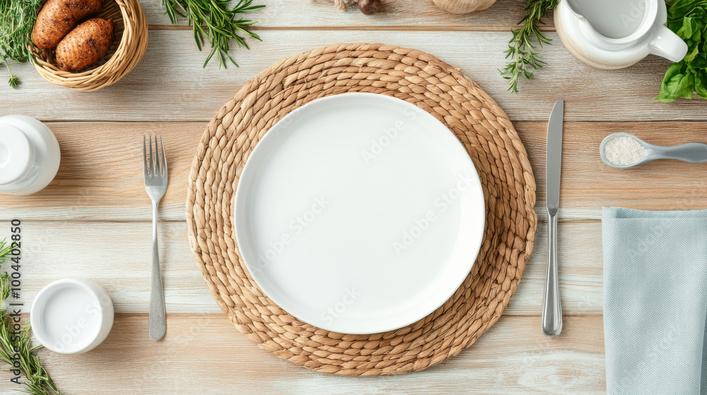 A beautifully set dining table featuring white plate on woven placemat, surrounded by cutlery and fresh herbs, creating warm and inviting atmosphere for meal A beautifully set dining table featuring white plate on woven placemat, surrounded by cutlery and fresh herbs, creating warm and inviting atmosphere for meal