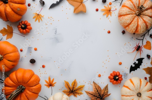 Autumn Leaves and Pumpkin Arrangement on White Surface During Fall Season