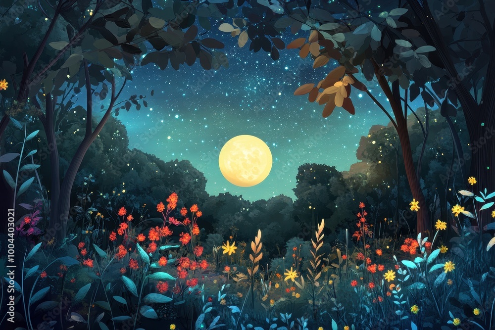Obraz premium Nighttime Forest with Full Moon and Blooming Flowers