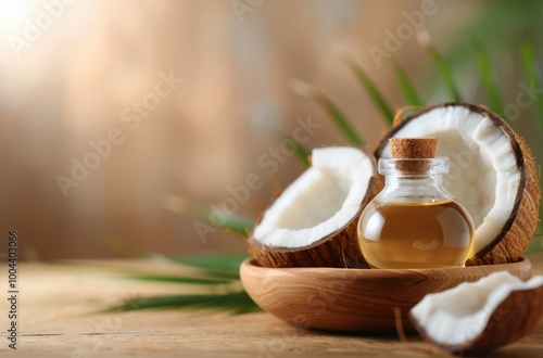 Coconut Oil, Milk, and Shell on Wooden Board