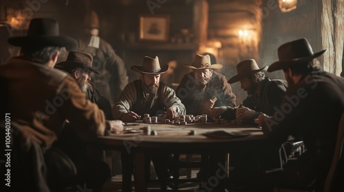 A group of cowboys engaged in a poker game inside a rustic tavern during the late evening hours photo