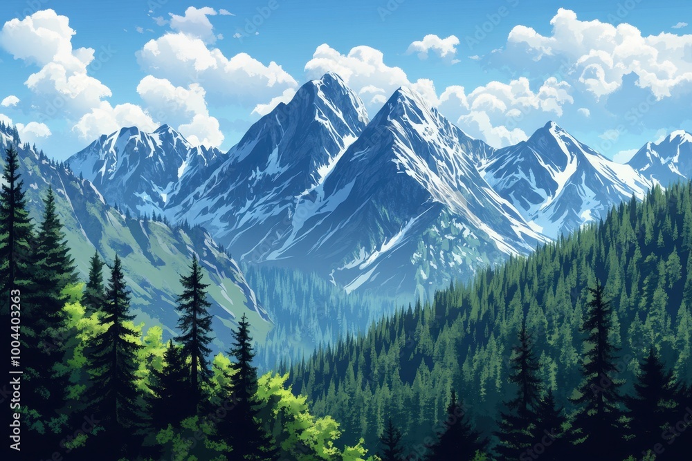 Snow-capped Mountains and Lush Forest Landscape
