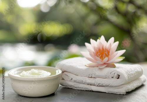 Relaxing Spa Setting With Cream, Towel, and Water Lily Under Soft Natural Light