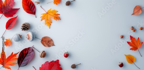 Autumn Leaves and Acorns Display on White Surface in Fall Season