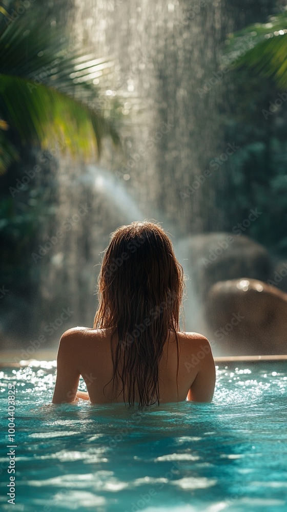 Serene moment captured as a woman bathes in a tranquil turquoise pool, surrounded by lush greenery and illuminated by soft, cascading waterfall light. Serene moment captured as a woman bathes in a tranquil turquoise pool, surrounded by lush greenery and illuminated by soft, cascading waterfall light.