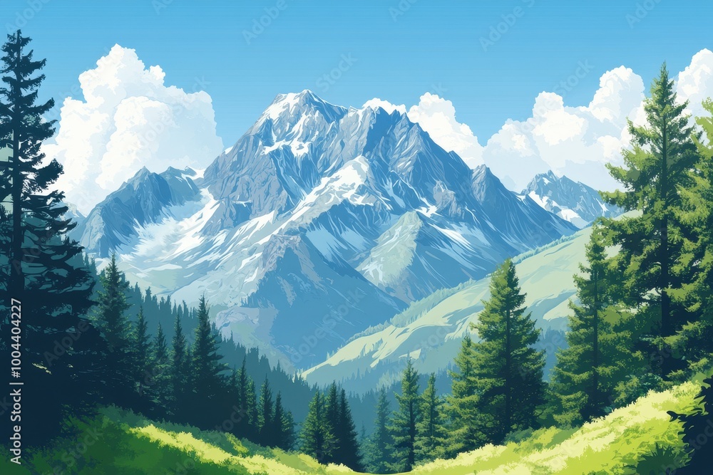 Fototapeta premium Majestic Snow-Capped Mountain Range with Lush Green Forest and Cloudy Sky