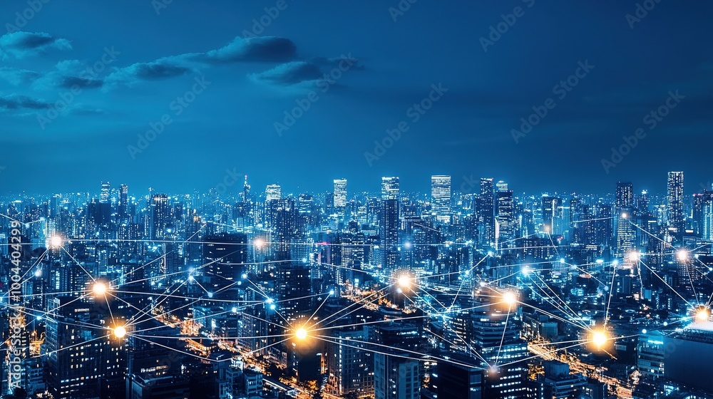 Obraz premium Cityscape with Network Connections at Night