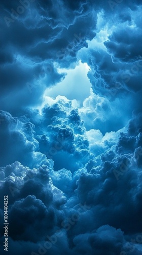 Dramatic blue storm clouds part to reveal a glimmer of hope as lightning illuminates the turbulent sky, creating a mesmerizing celestial spectacle.