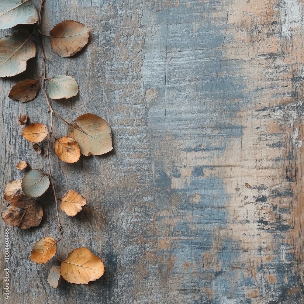 Autumn leaves and walnuts on a rustic wooden surface Autumn leaves and walnuts on a rustic wooden surface