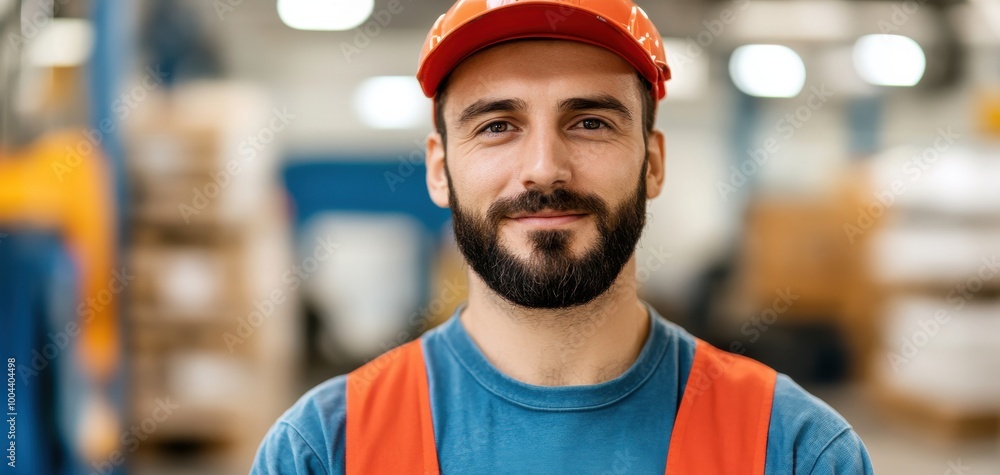 A smiling warehouse worker wearing a cap and vest, showcasing professionalism and dedication in a bustling work environment. A smiling warehouse worker wearing a cap and vest, showcasing professionalism and dedication in a bustling work environment.