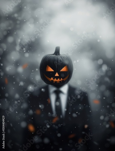 Mysterious Figure in Suit With Pumpkin Head Amid Falling Leaves on Foggy Hall...