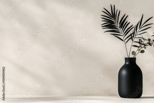 Black vase with green leaves against a textured wall creating soft shadows in...