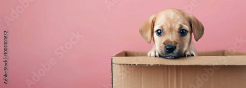Adorable Puppy Peeking Out of a Cardboard Box Against a Red Background
