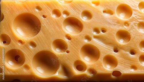 Close examination of a semi-hard cheese texture with waxy rind and characteristic holes. Generative AI
