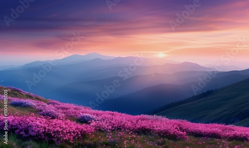 Vibrant Pink Flowers Against Majestic Mountains During Sunset