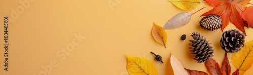 Autumn Leaves and Pinecones Arranged on Warm Orange Background