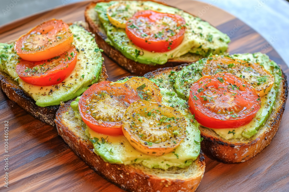 Three slices of avocado toast beautifully arranged on a wooden platter Three slices of avocado toast beautifully arranged on a wooden platter