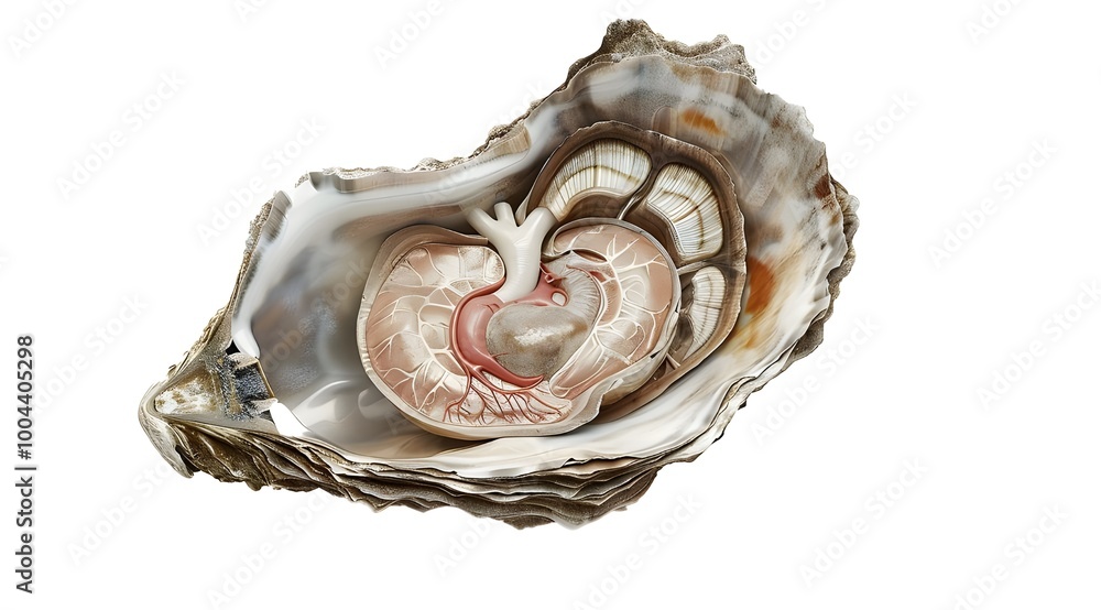 Naklejka premium Anatomy cross section showing heart and eyes inside an oyster, on a white background