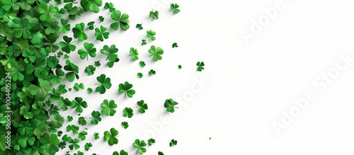 Many green clover leaves of different sizes, which are located on a white background. The leaves are grouped in the left corner and gradually scatter diagonally.