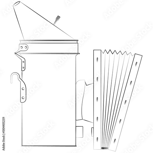Bee Beekeeper Smoker with Leather Bellows, Imkado Smoker realistic contour, outline lines drawn